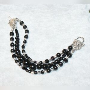 Black glass and silver multi-strand bracelet BC-15-003